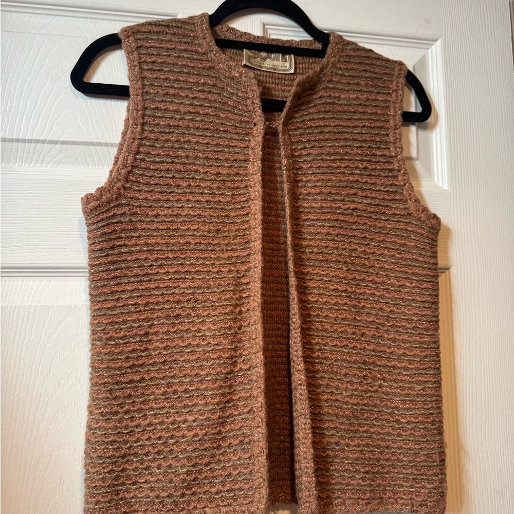 St John by Marie Gray Brown Knit Sweater Vest w/ orange-gold shimmer